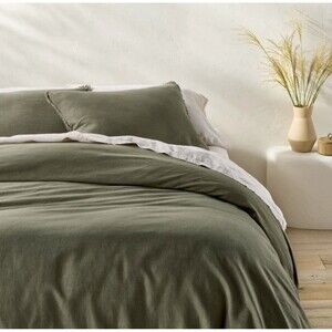 King Heavyweight Linen Blend Duvet Cover and Sham Set Olive Green - CASALUNA